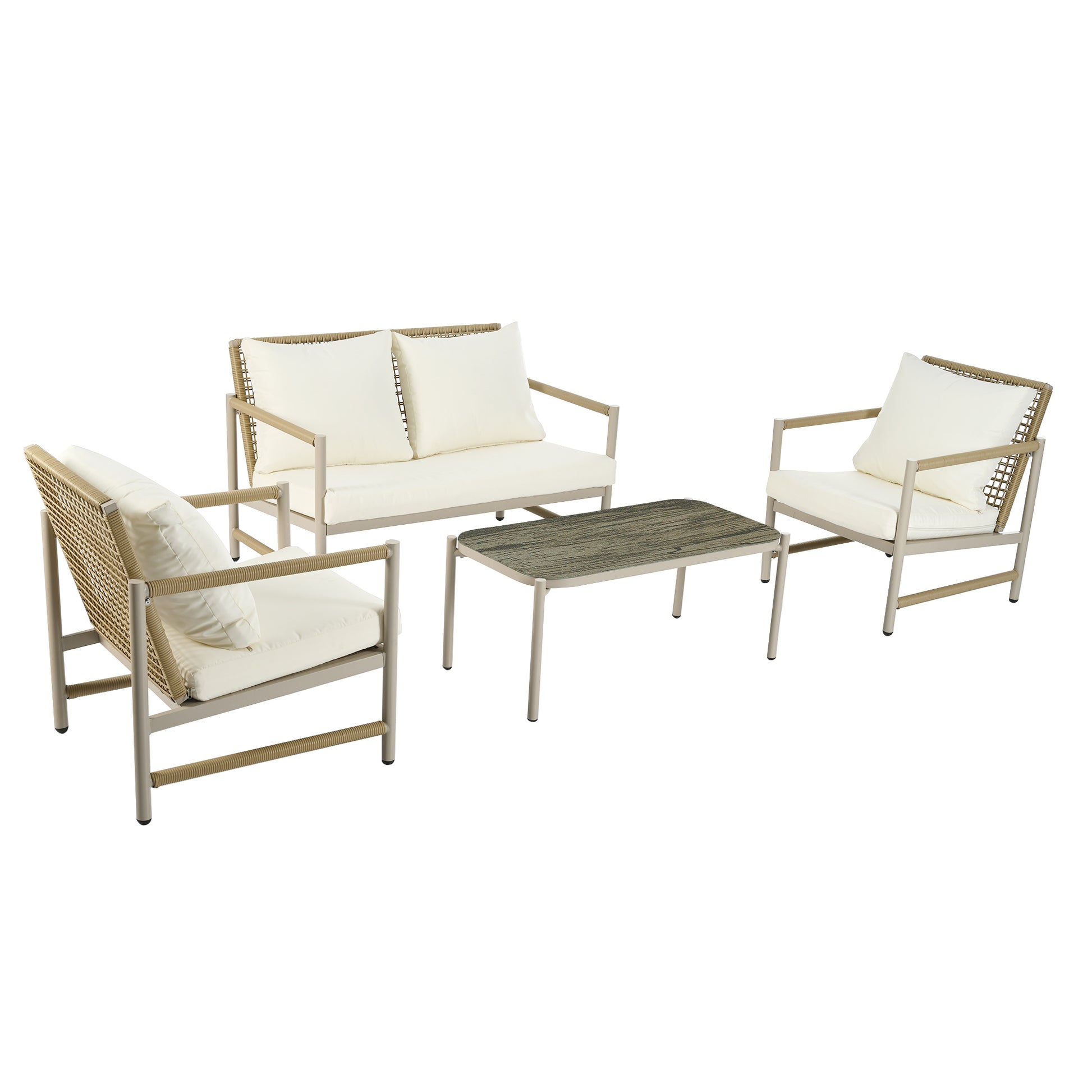 4 Pieces Patio Furniture Set, Pe Rattan Wicker 4 Pcs Outdoor Sofa Set W Washable Cushion And Tempered Glass Tabletop, Conversation Furniture For Garden Poolside Balcony Yes Complete Patio Set White Natural Garden & Outdoor Artsy Complete Patio Sets