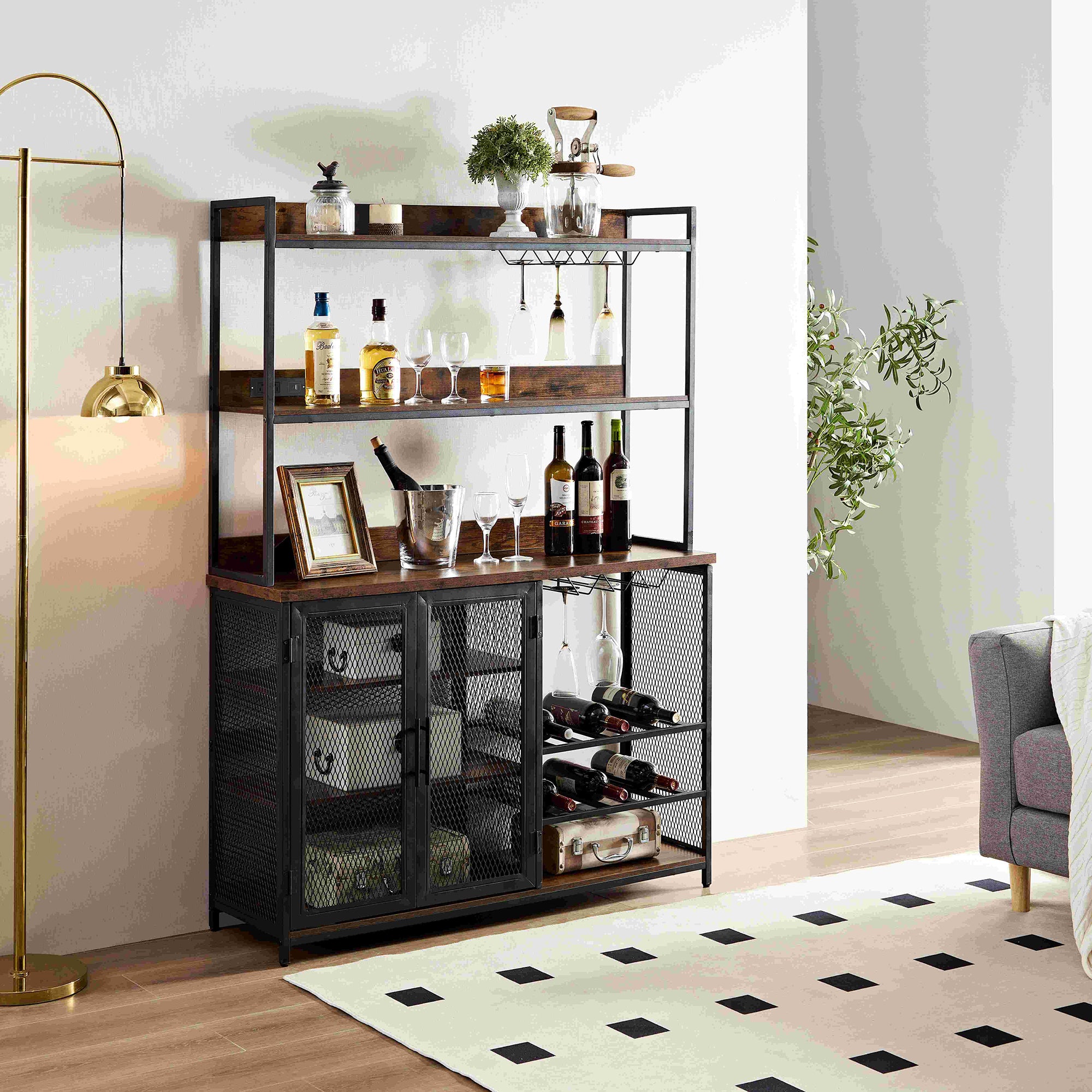Coffee Bar Cabinet With Power Outlet, Industrial