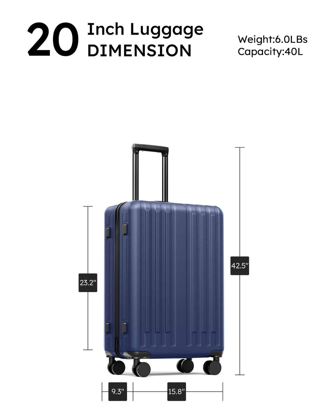 20 Inch Carry On Luggage With 360 Spinner Wheels Suitcases With Hard Sided Lightweight Abs Material Dark Blue Abs