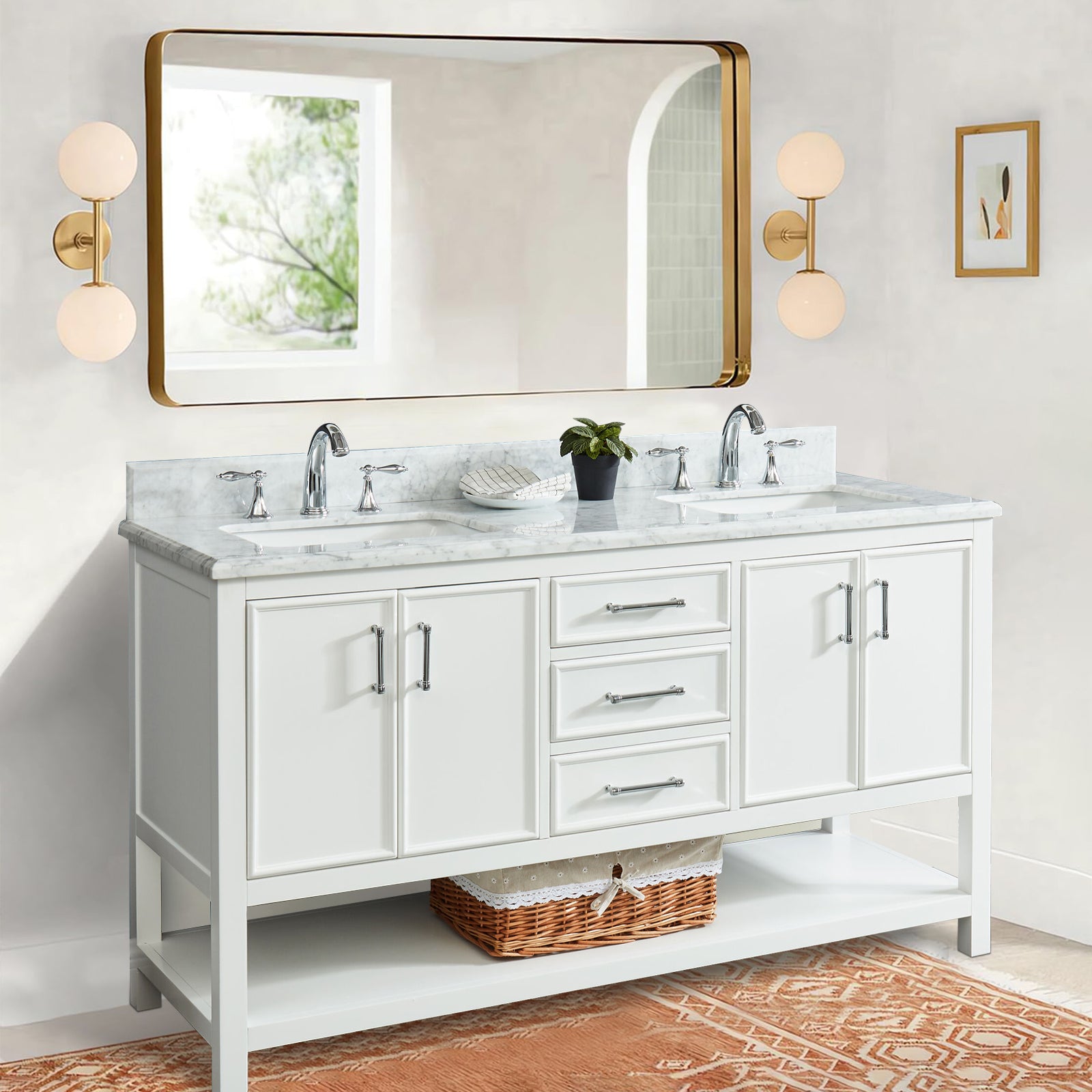 61'' Bathroom Vanity, Solid Wood Frame Bathroom Storage Cabinet, Freestanding Vanity With Top White Bathroom Freestanding Wood