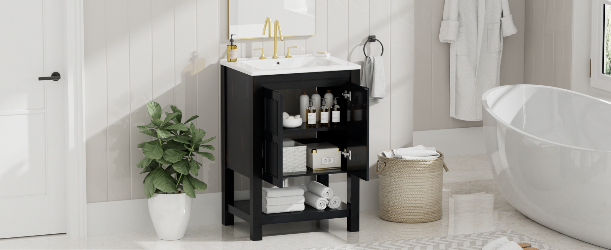 24X18.3X34.7 Inches Compact Vintage Style Bathroom Vanity Cabinet And Ceramic Sink Combo With Open Shelf 2 Soft Close Doors Espresso Bathroom Solid Wood Mdf