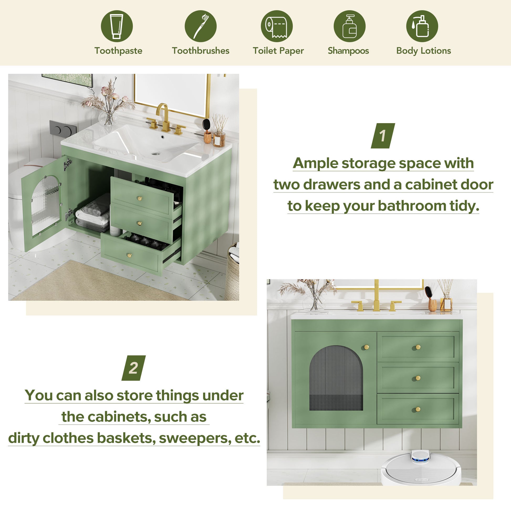 30X18X19.6 Inches Elegant Floating Bathroom Vanity Sink And Cabinet Combo 1 Door And 2 Drawers Green Bathroom Mdf