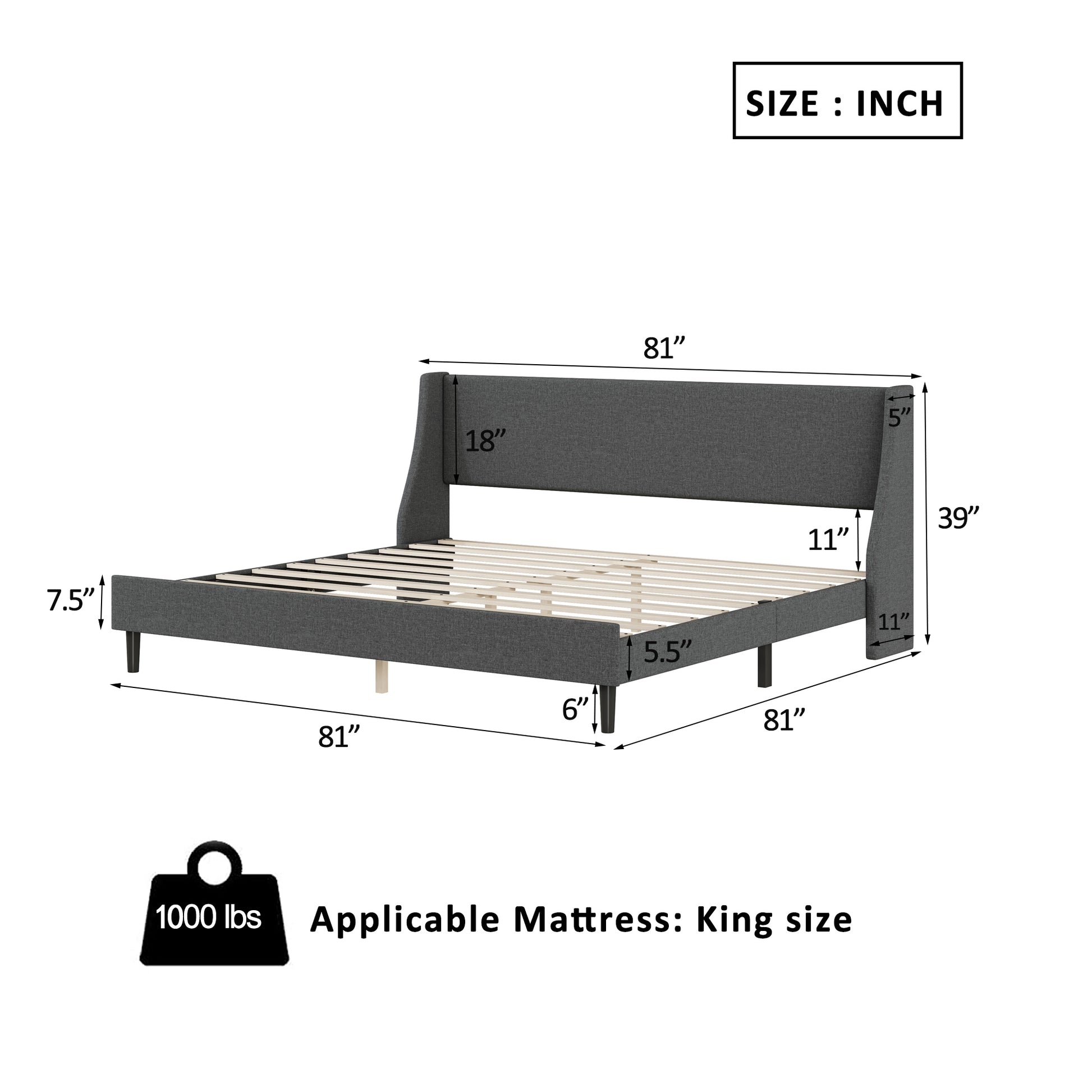 King Size Bed Frame Upholstered Bed Frame Platform ,Non Adjustable Headboard Linen Fabric Headboard Wooden Slats Support No Box Spring Needed Easy Assembly Mattress Foundation, Drak Gray King Dark Gray Metal & Wood