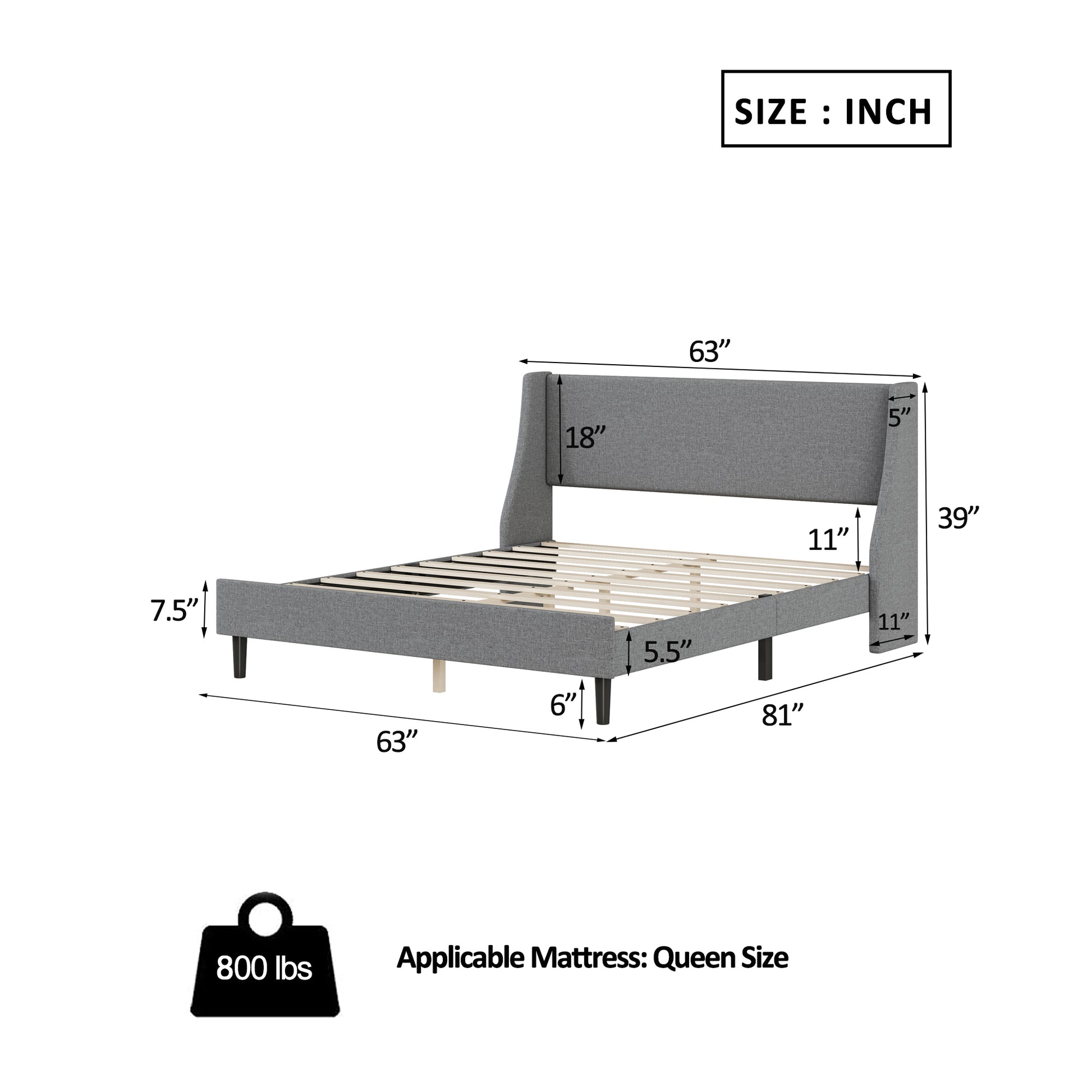 Queen Size Bed Frame Upholstered Bed Frame Platform,Non Adjustable Headboard Linen Fabric Headboard Wooden Slats Support No Box Spring Needed Easy Assembly Mattress Foundation, Light Gray Queen Light Gray Metal & Wood