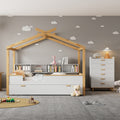 White Full Size Wooden House Bed With Original Wood Colored Frame Twin Size Trundle And Bookshelf Storage Space For Children Or Guest Room Full White Wood