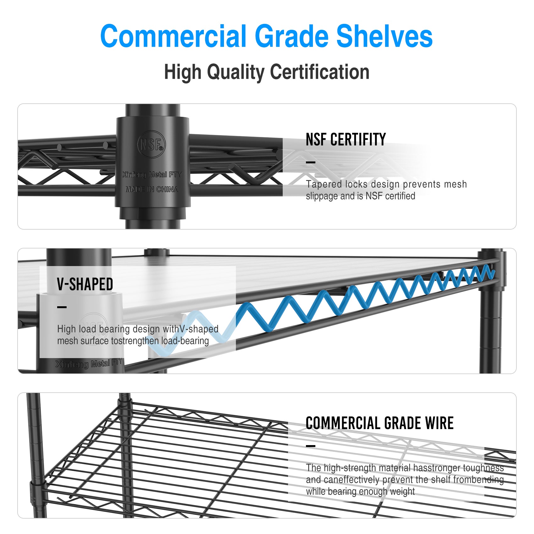 5 Tier Shelf Wire Shelving Unit, Nsf Heavy Duty Wire Shelf Metal Large Storage Shelves Height Adjustable Utility For Garage Kitchen Office Commercial Shelving Steel Layer Shelf Black Black Iron