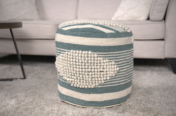 Diamond Handcrafted Fabric Cylindrical Pouf, White And Teal Teal Fabric