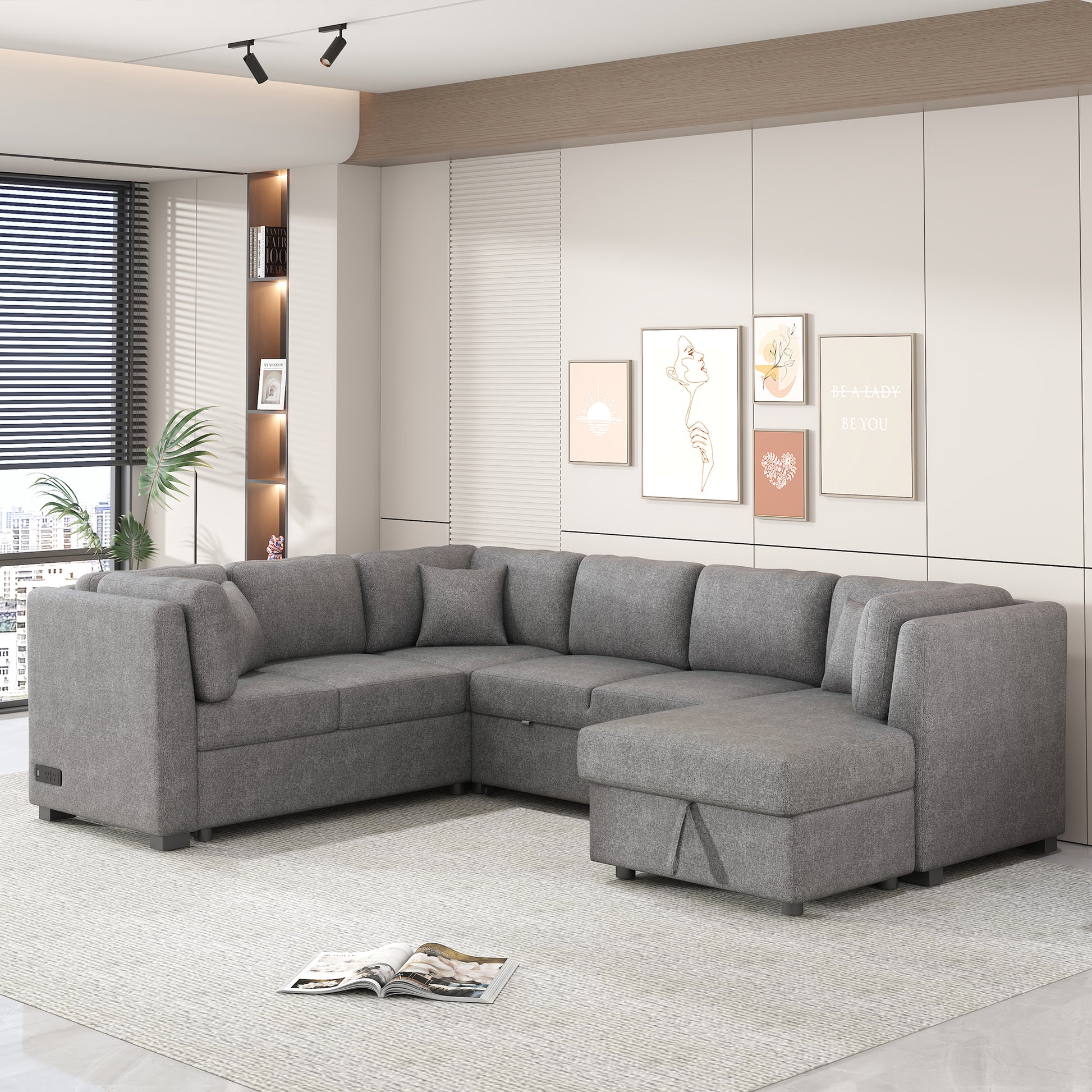 108.6" U Shaped Sectional Sofa Pull Out Sofa Bed With Two Usb Ports, Two Power Sockets, Three Back Pillows And A Storage Chaise For Living Room, Light Gray Light Gray Foam Chenille 5 Seat