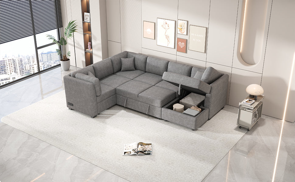 108.6" U Shaped Sectional Sofa Pull Out Sofa Bed With Two Usb Ports, Two Power Sockets, Three Back Pillows And A Storage Chaise For Living Room, Light Gray Light Gray Foam Chenille 5 Seat