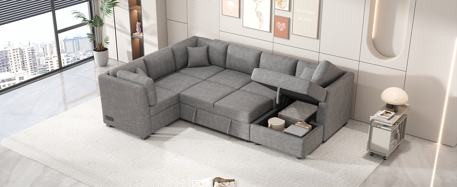 108.6" U Shaped Sectional Sofa Pull Out Sofa Bed With Two Usb Ports, Two Power Sockets, Three Back Pillows And A Storage Chaise For Living Room, Light Gray Light Gray Foam Chenille 5 Seat