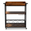 32.6'' Tall Industrial Style Rolling Kitchen Island Wine Cart With Black Finished, Fir Wood Mobile Metal Wine Bar Cart With Glass Rack, Oak Brown Dark Oak Brown Dining Room Industrial Rectangular Kitchen Carts Fir Solid Wood Small Less Than 40In