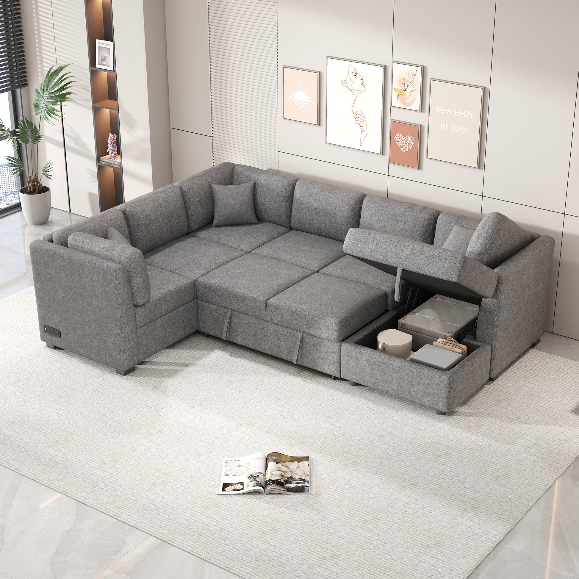 108.6" U Shaped Sectional Sofa Pull Out Sofa Bed With Two Usb Ports, Two Power Sockets, Three Back Pillows And A Storage Chaise For Living Room, Light Gray Light Gray Foam Chenille 5 Seat