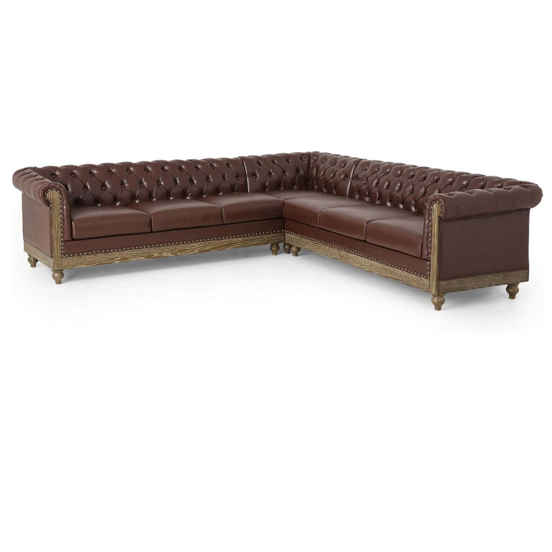 Mirod Comfy Large Sectional Sofa With Wooden Legs, Retro Style For Living Room Dark Brown Pu 6 Seat