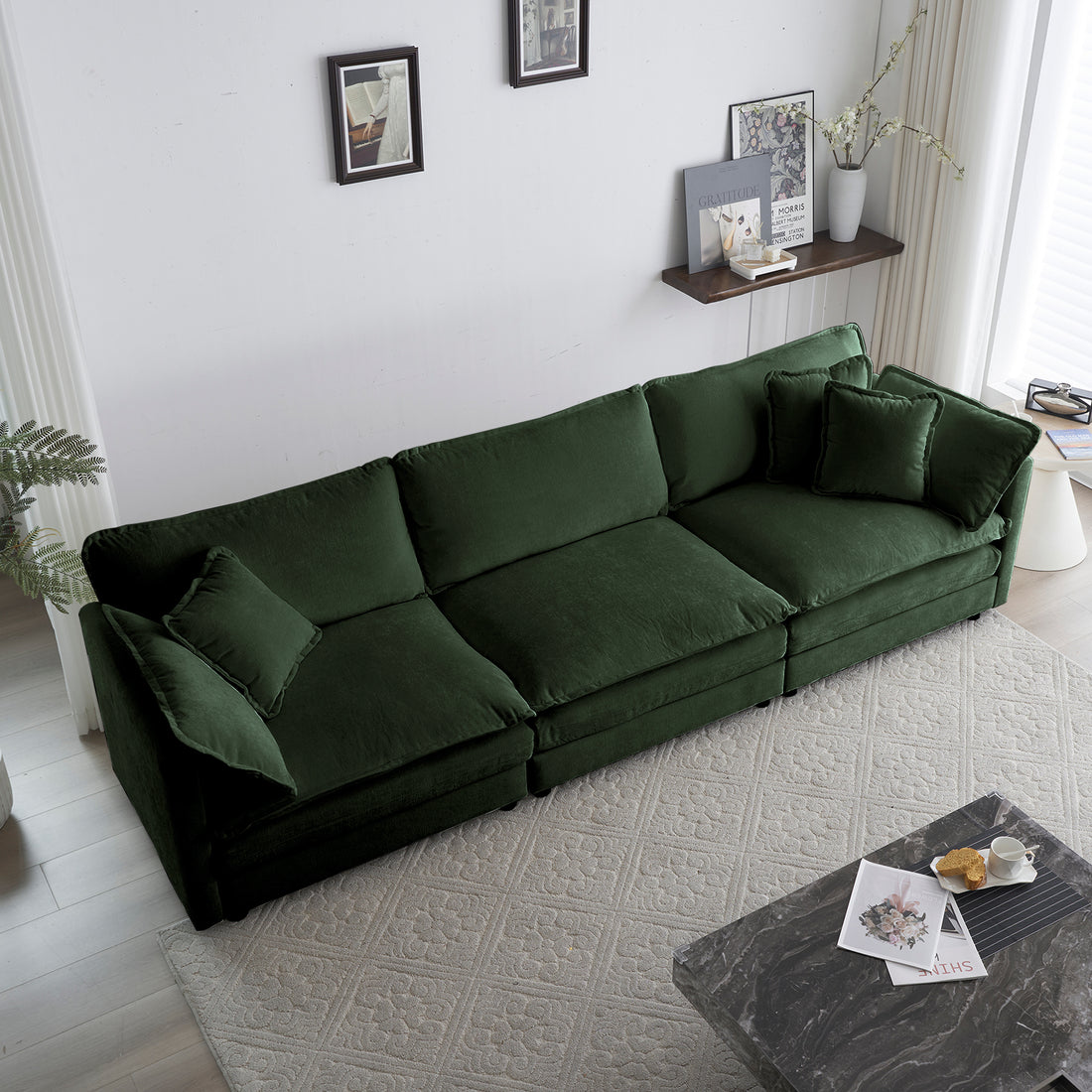 Mid Century Modern Couch 3 Seater Sofa With 2 Armrest Pillows And 3 Toss Pillows, Couch For Living Room Green Chenille Green Chenille 3 Seat