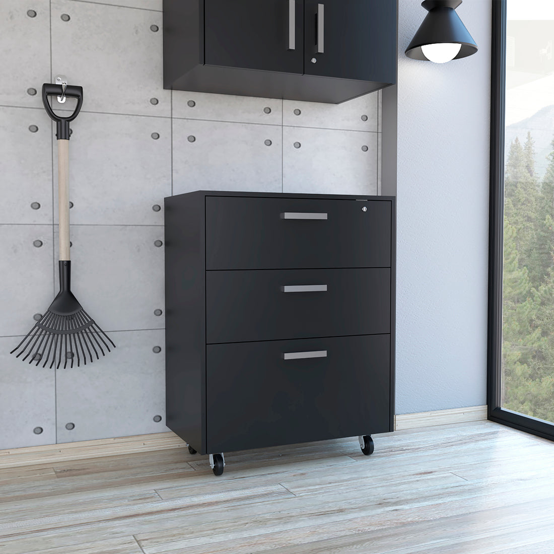 Penny Storage Cabinet, Three Drawersfour Casters Freestanding 1 2 Drawers Black Primary Living Space Pine Particle Board Engineered Wood