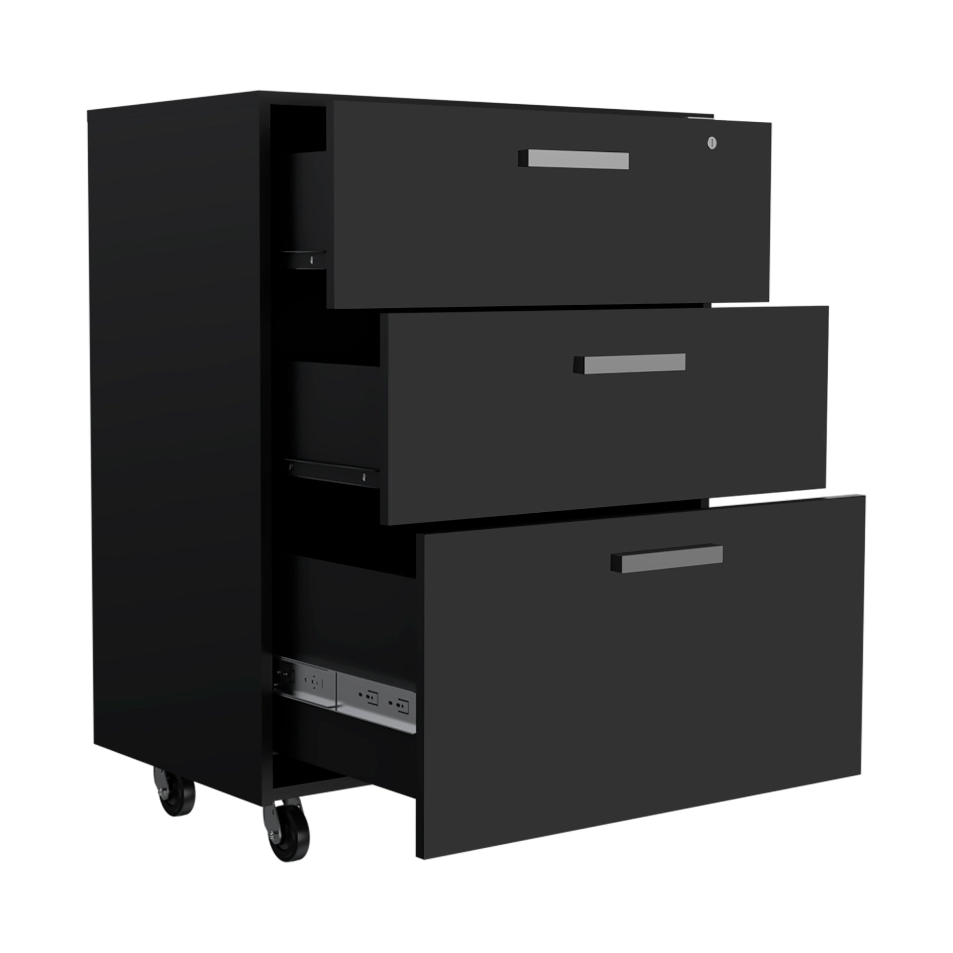 Penny Storage Cabinet, Three Drawersfour Casters Freestanding 1 2 Drawers Black Primary Living Space Pine Particle Board Engineered Wood