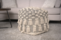 Angelic Handcrafted Fabric Pouf With Tassels, Ivory Ivory Fabric