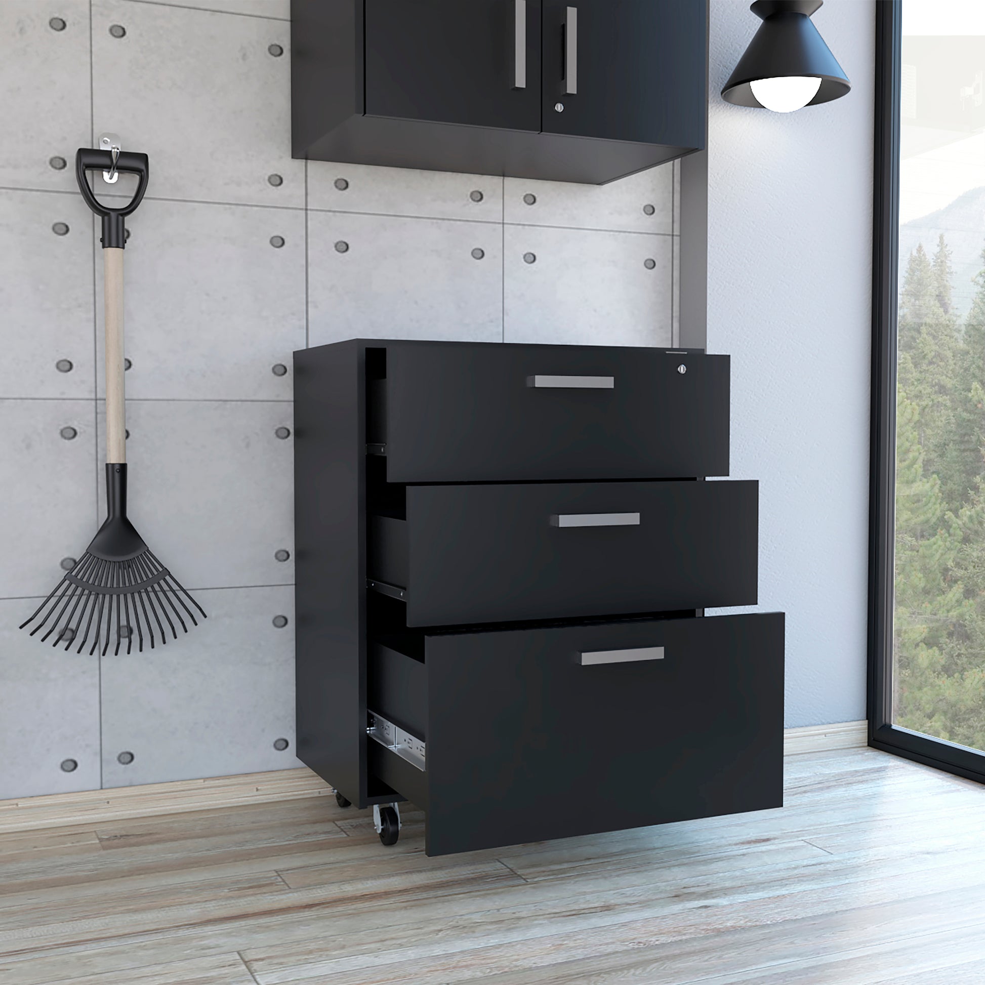 Penny Storage Cabinet, Three Drawersfour Casters Freestanding 1 2 Drawers Black Primary Living Space Pine Particle Board Engineered Wood