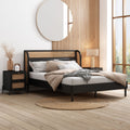 3 Pieces Modern Cannage Rattan Platform Queen Bed Nightstand*2, Black Queen Black 3 Piece Set Wood