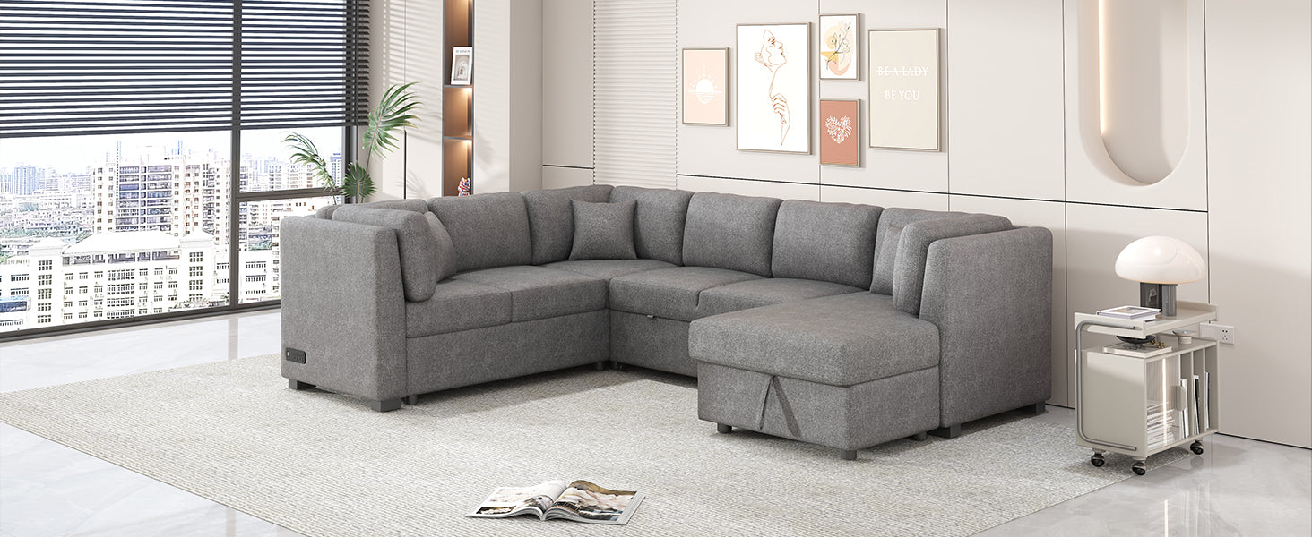 108.6" U Shaped Sectional Sofa Pull Out Sofa Bed With Two Usb Ports, Two Power Sockets, Three Back Pillows And A Storage Chaise For Living Room, Light Gray Light Gray Foam Chenille 5 Seat