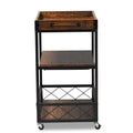 32.6'' Tall Industrial Style Rolling Kitchen Island Wine Cart With Black Finished, Fir Wood Mobile Metal Wine Bar Cart With Glass Rack, Oak Brown Dark Oak Brown Dining Room Industrial Rectangular Kitchen Carts Fir Solid Wood Small Less Than 40In