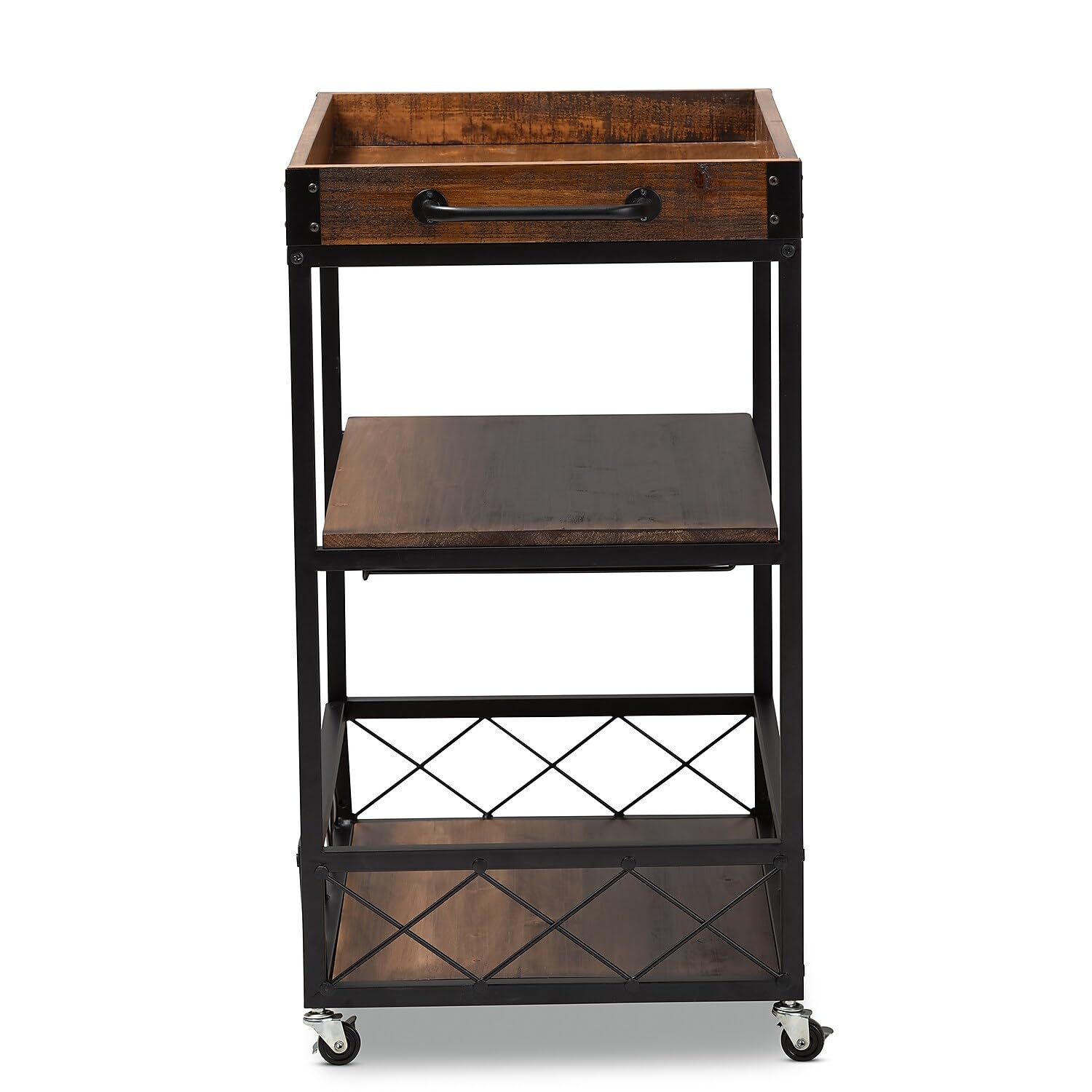 32.6'' Tall Industrial Style Rolling Kitchen Island Wine Cart With Black Finished, Fir Wood Mobile Metal Wine Bar Cart With Glass Rack, Oak Brown Dark Oak Brown Dining Room Industrial Rectangular Kitchen Carts Fir Solid Wood Small Less Than 40In