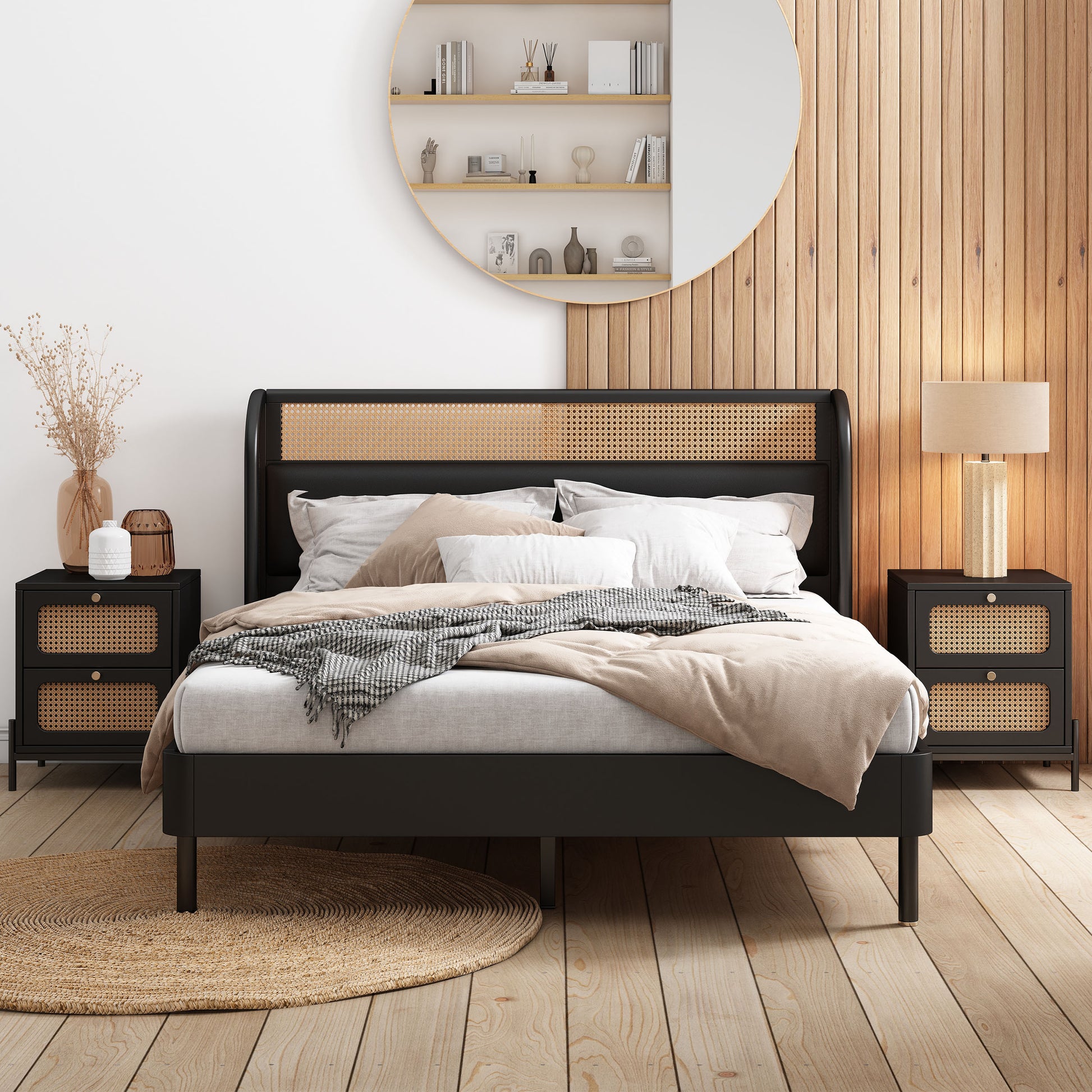 3 Pieces Modern Cannage Rattan Platform Queen Bed Nightstand*2, Black Queen Black 3 Piece Set Wood