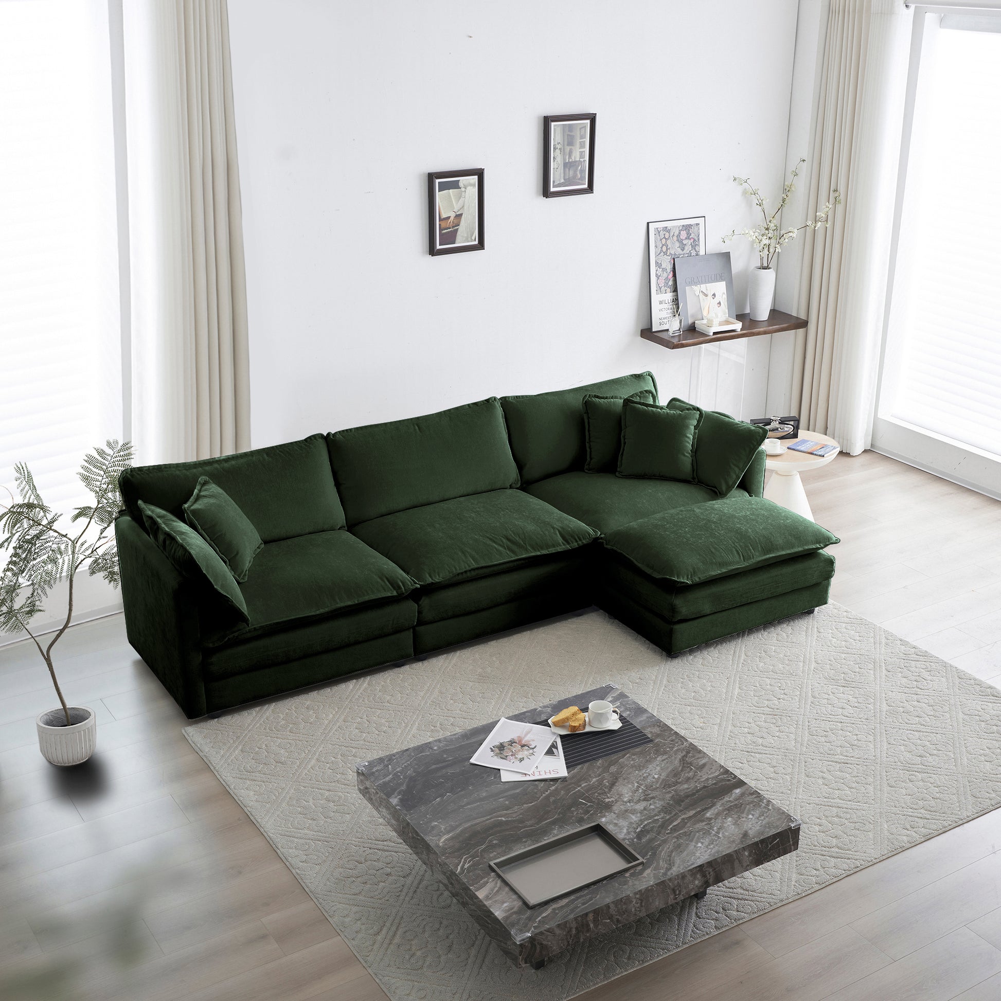 Free Combination Comfy Upholstery Modular Oversized L Shaped Sectional Sofa With Reversible Ottoman, Green Chenille Green Chenille 3 Seat
