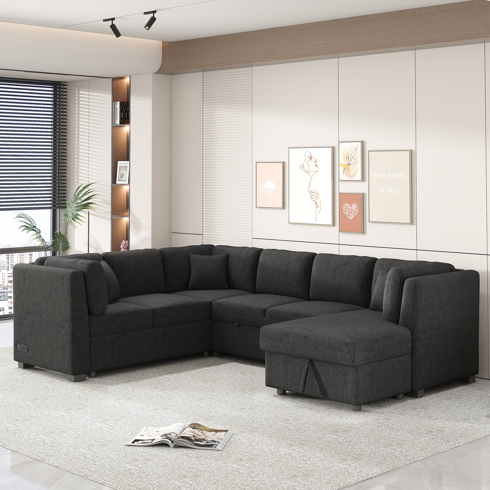 108.6" U Shaped Sectional Sofa Pull Out Sofa Bed With Two Usb Ports, Two Power Sockets, Three Back Pillows And A Storage Chaise For Living Room, Black Black Foam Chenille 5 Seat