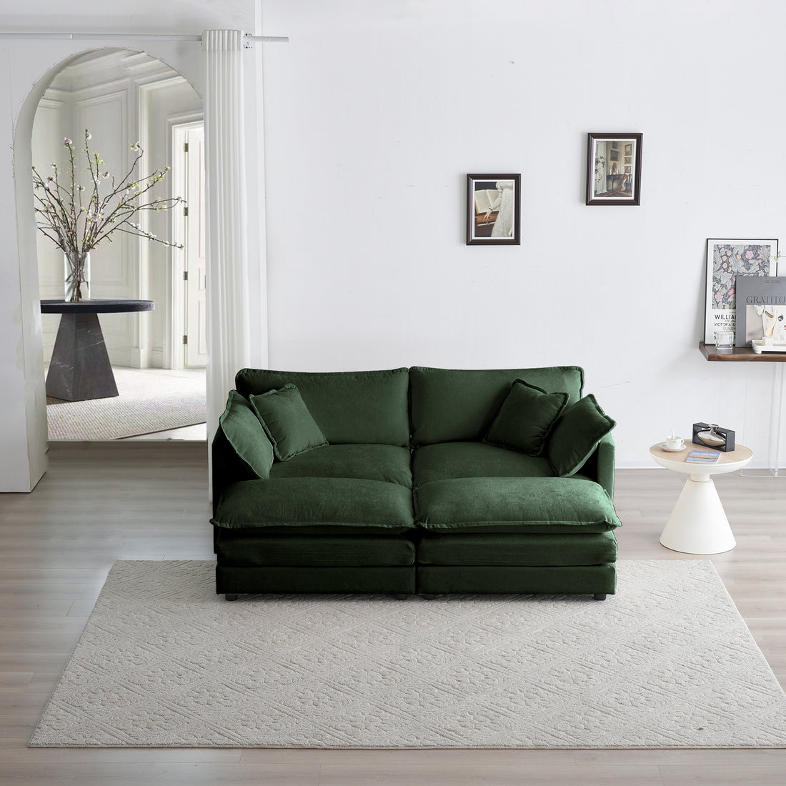 4 Piece Upholstered Sectional Sofa, 1 Piece Of 2 Seater Sofa And 2 Piece Of Ottomans2 Seater Loveseat Lounge With Ottomansgreen Chenille Green Chenille 2 Seat