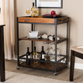 32.6'' Tall Industrial Style Rolling Kitchen Island Wine Cart With Black Finished, Fir Wood Mobile Metal Wine Bar Cart With Glass Rack, Oak Brown Dark Oak Brown Dining Room Industrial Rectangular Kitchen Carts Fir Solid Wood Small Less Than 40In