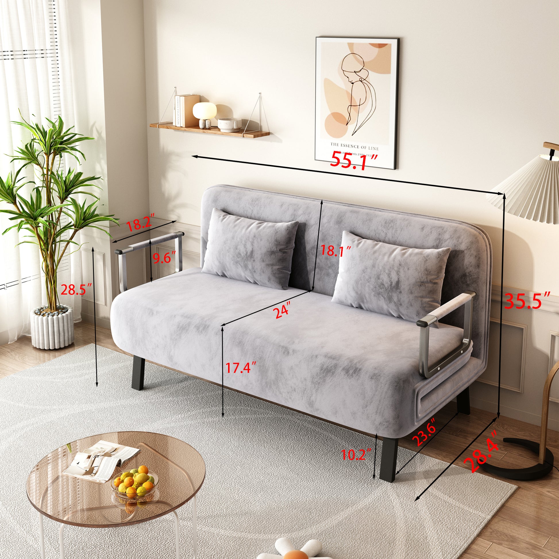 Velvet Light Gray 55 Convertible Chair Bed, Tri Fold Sofa Bed With Adjustable Backrest & Pillow, Leisure Chaise Lounge Couch With Sturdy Steel Frame For Home & Office, Comfortable Sleeper Chair Light Gray Velvet Metal Primary Living Space Medium Firm