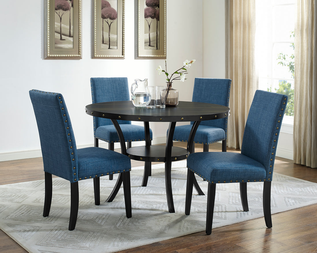 Biony Espresso Wood Dining Set With Blue Fabric Chairs Wood Dining Room Fixed Table Rubberwood Round Dining Table With Chair Wood Wood Black Blue Seats 4 48 Inches Round 4 Leg Solid Wood