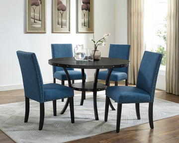 Biony Espresso Wood Dining Set With Blue Fabric Chairs Wood Dining Room Fixed Table Rubberwood Round Dining Table With Chair Wood Wood Black Blue Seats 4 48 Inches Round 4 Leg Solid Wood