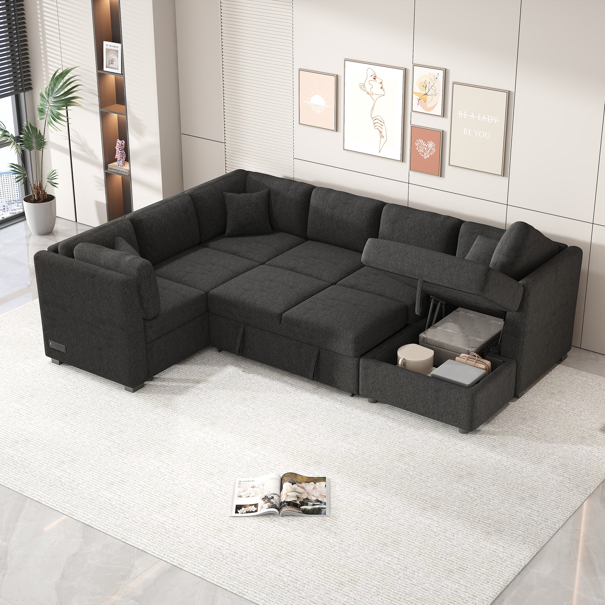 108.6" U Shaped Sectional Sofa Pull Out Sofa Bed With Two Usb Ports, Two Power Sockets, Three Back Pillows And A Storage Chaise For Living Room, Black Black Foam Chenille 5 Seat