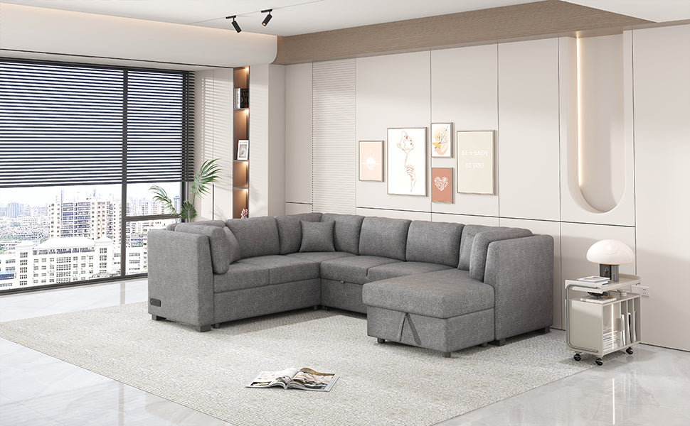 108.6" U Shaped Sectional Sofa Pull Out Sofa Bed With Two Usb Ports, Two Power Sockets, Three Back Pillows And A Storage Chaise For Living Room, Light Gray Light Gray Foam Chenille 5 Seat