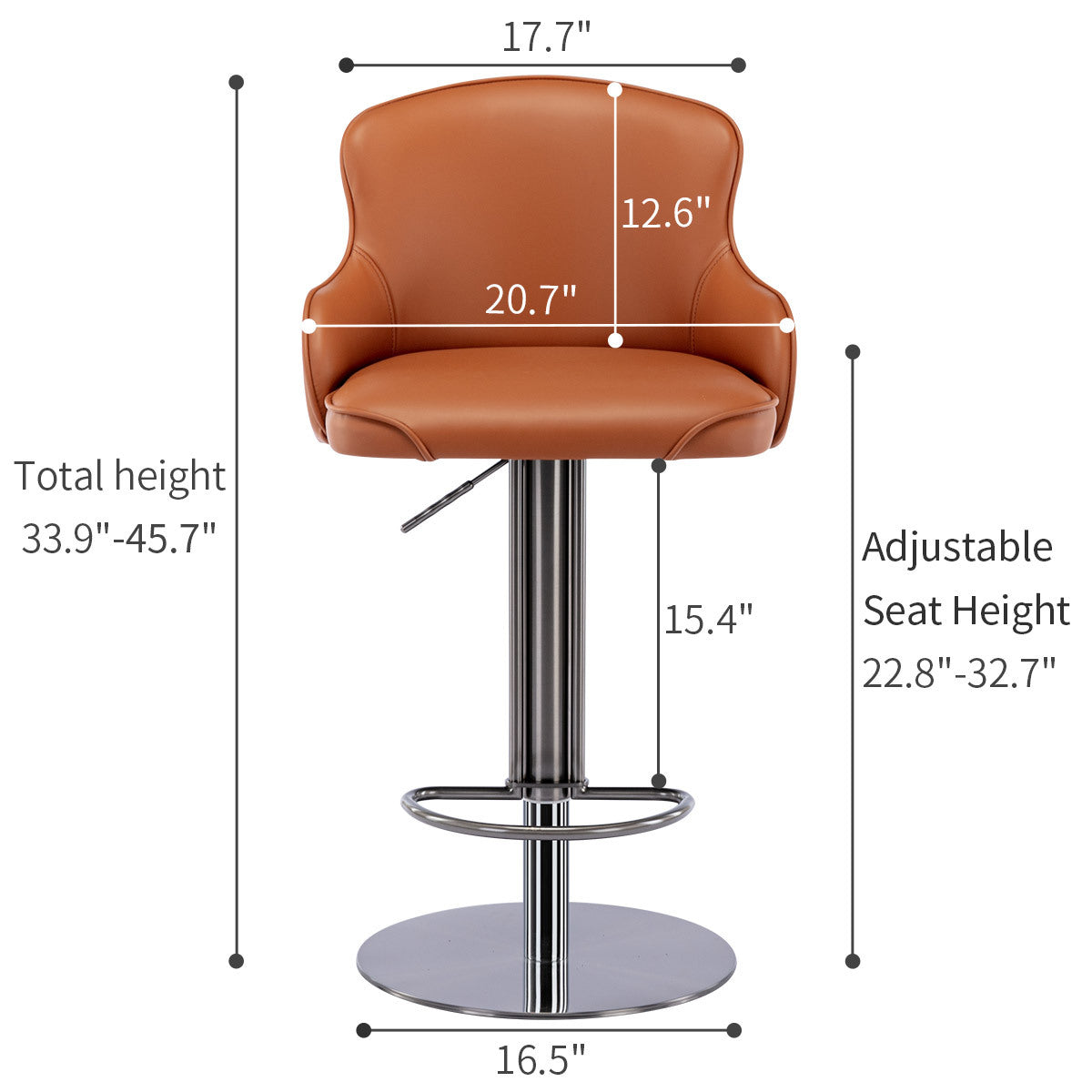 Black Titanium Stainless Steel Bar Stools,Grade Modern Leather Bar Chair With Backrest,Swivel Adjustable Height For Kitchen Counter And Dining Room Brown 1Pc Brown Stainless Steel