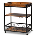 32.6'' Tall Industrial Style Rolling Kitchen Island Wine Cart With Black Finished, Fir Wood Mobile Metal Wine Bar Cart With Glass Rack, Oak Brown Dark Oak Brown Dining Room Industrial Rectangular Kitchen Carts Fir Solid Wood Small Less Than 40In