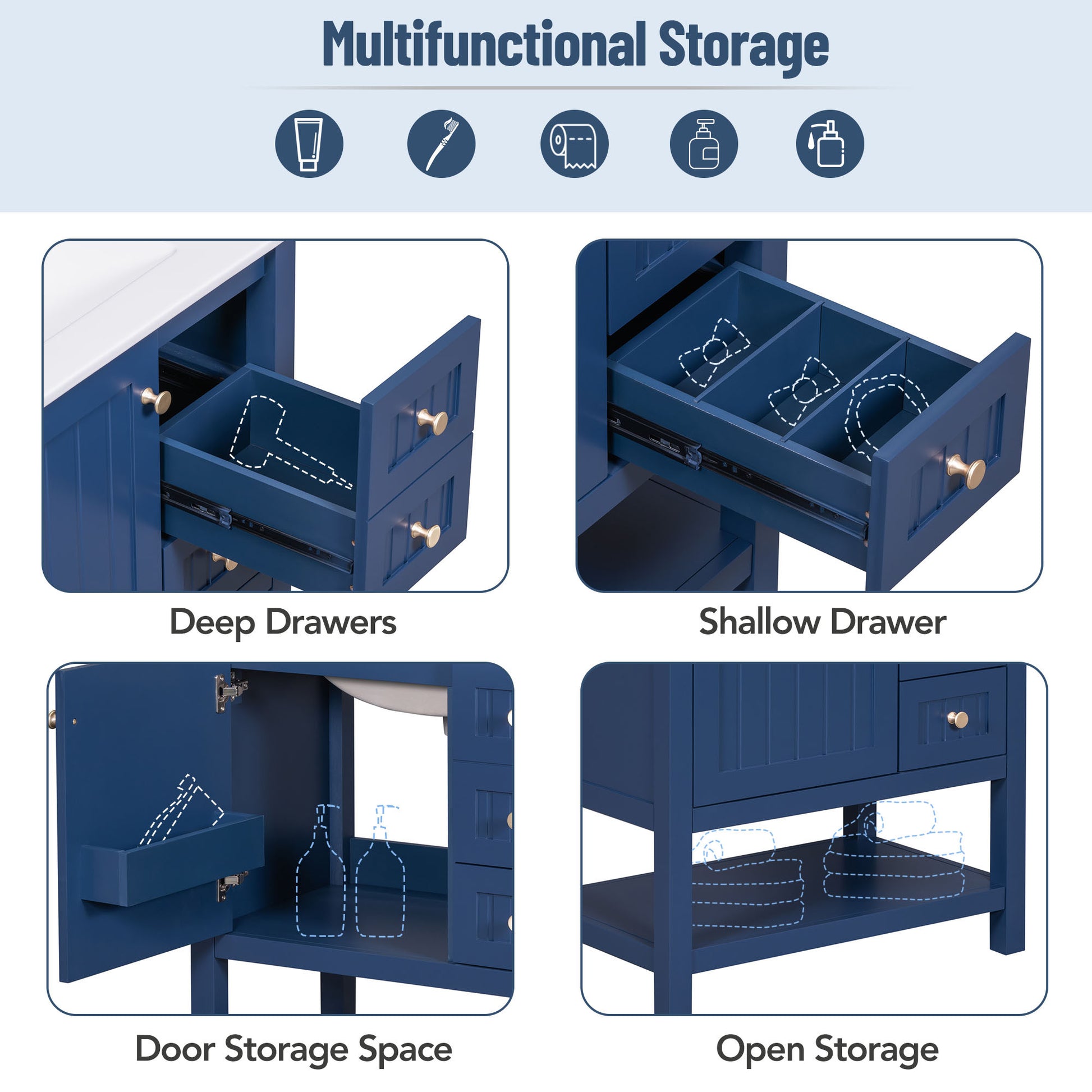 30Inch Transitional Style Bathroom Vanity Cabinet Combo With Ceramic Sink Blue Bathroom Solid Wood Mdf