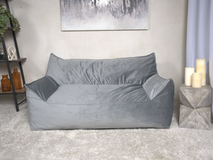 Fila Velveteen 2 Seater Oversized Bean Bag Chair With Armrests, Gray Gray Velvet
