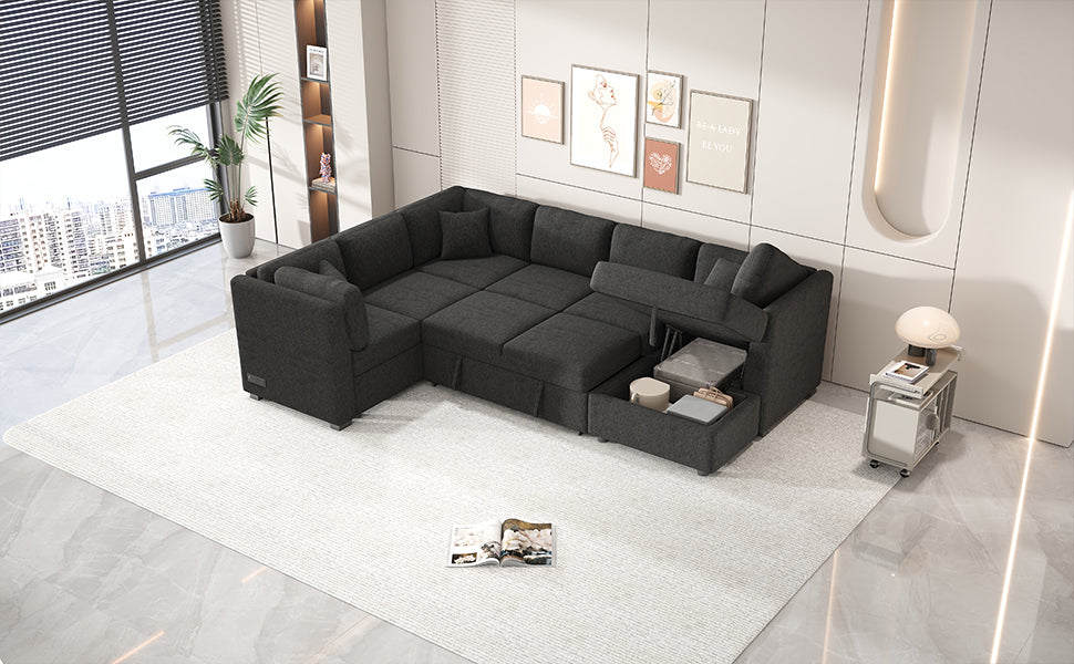 108.6" U Shaped Sectional Sofa Pull Out Sofa Bed With Two Usb Ports, Two Power Sockets, Three Back Pillows And A Storage Chaise For Living Room, Black Black Foam Chenille 5 Seat