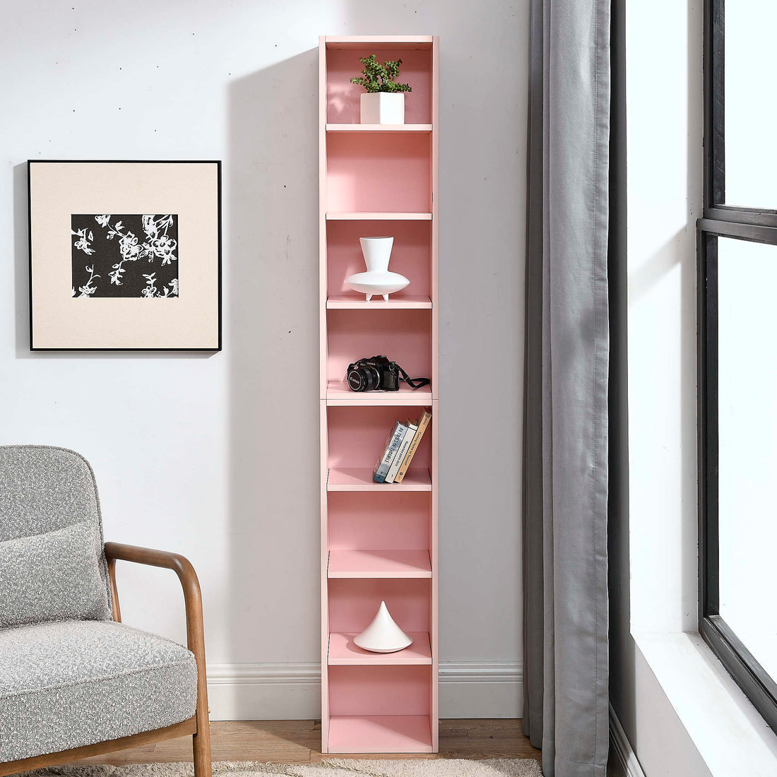 8 Tier Media Tower Rack, Cd Dvd Slim Storage Cabinet With Adjustable Shelves, Tall Narrow Bookcase Display Bookshelf For Home Office,Multi Functional Double Decker Bookcase 5 Or More Shelves Pink Adjustable Shelves Mdf