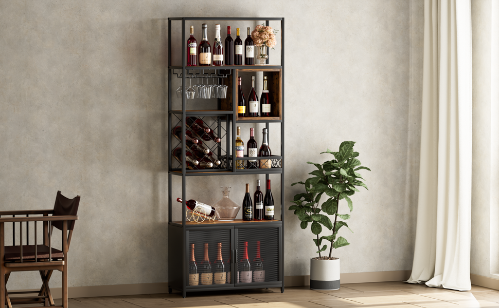 82.7" Industrial Tall Black Bar Wine Rack Cabinet With Glass Holder Wood Home Bar Cabinet Walnut Black Dining Room Industrial Mdf Metal