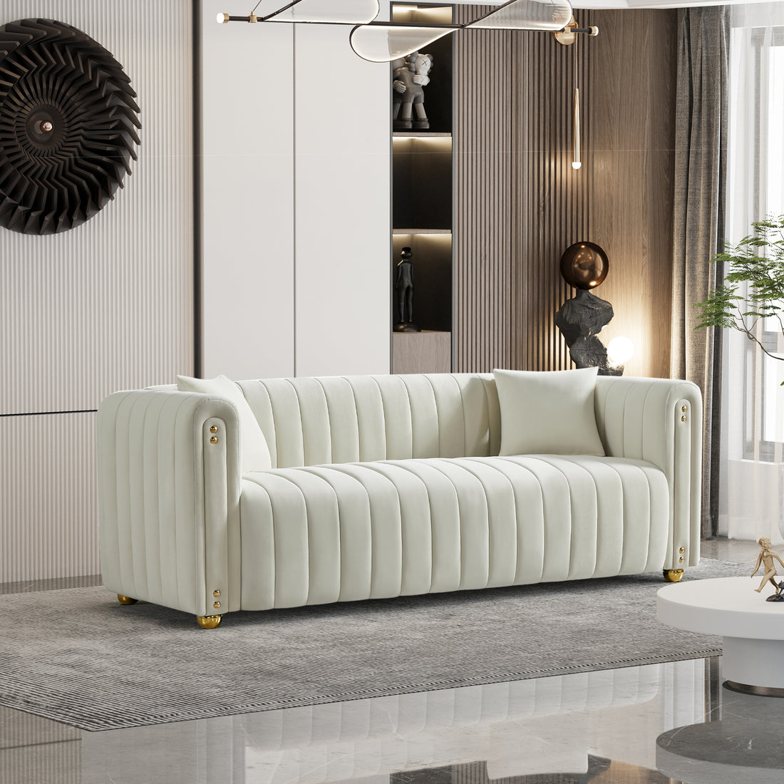 79.92" Modern Vertical Channel Tufted Velvet Sofa,Comfortable Sofa For Living Room White White Velvet 3 Seat