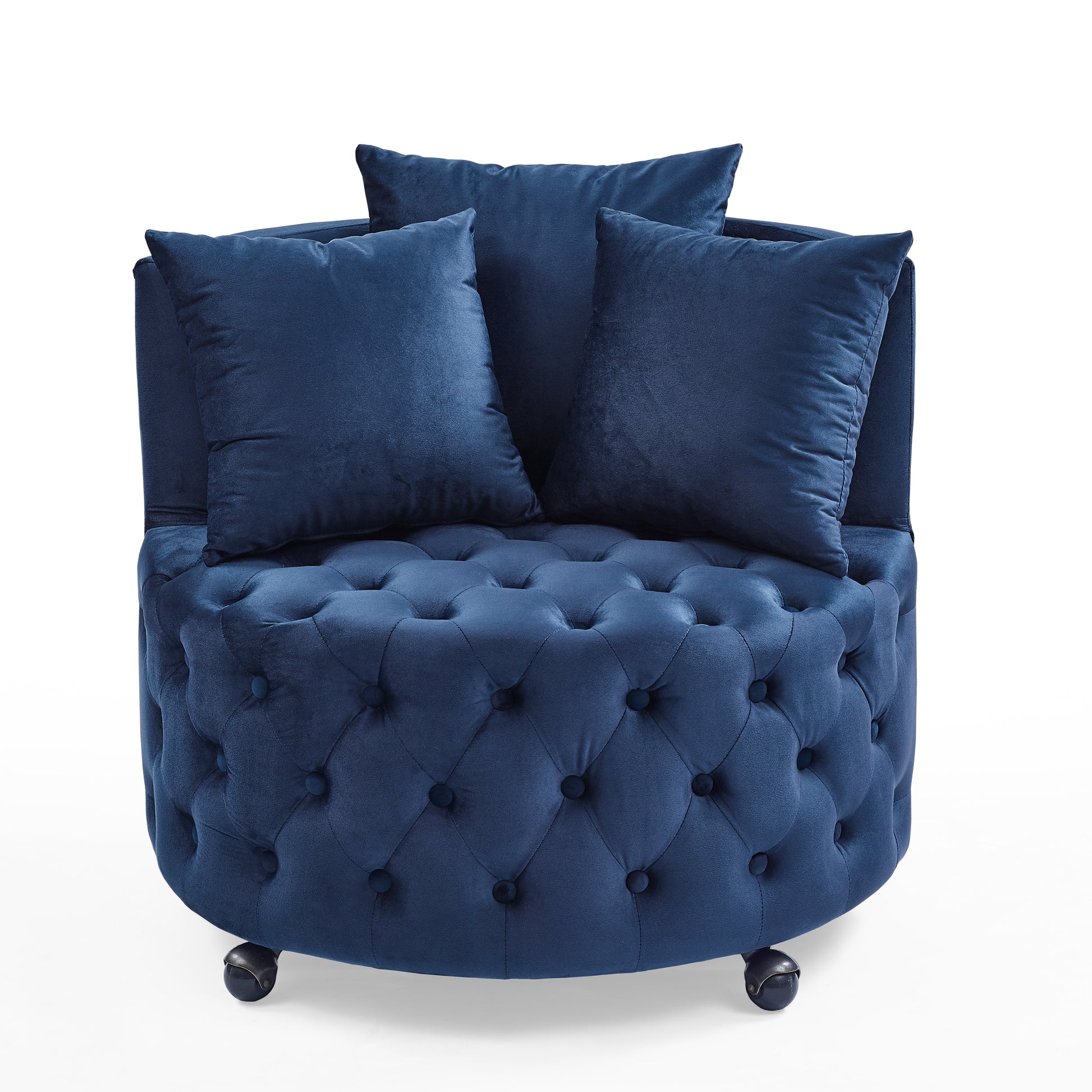 Velvet Upholstered Swivel Chair For Living Room, With Button Tufted Design And Movable Wheels, Including 3 Pillows, Blue Blue Foam