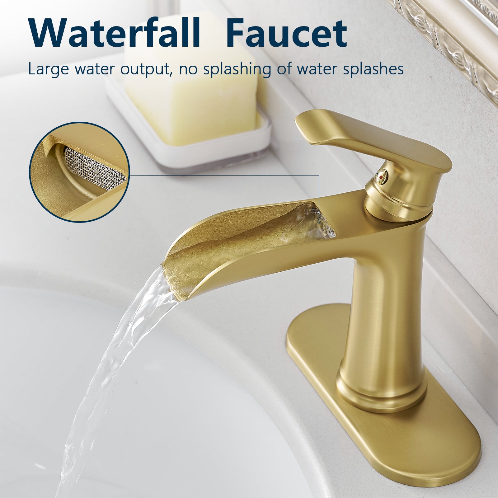Sink Faucet With Deck Plate Waterfall Nickel Gold
