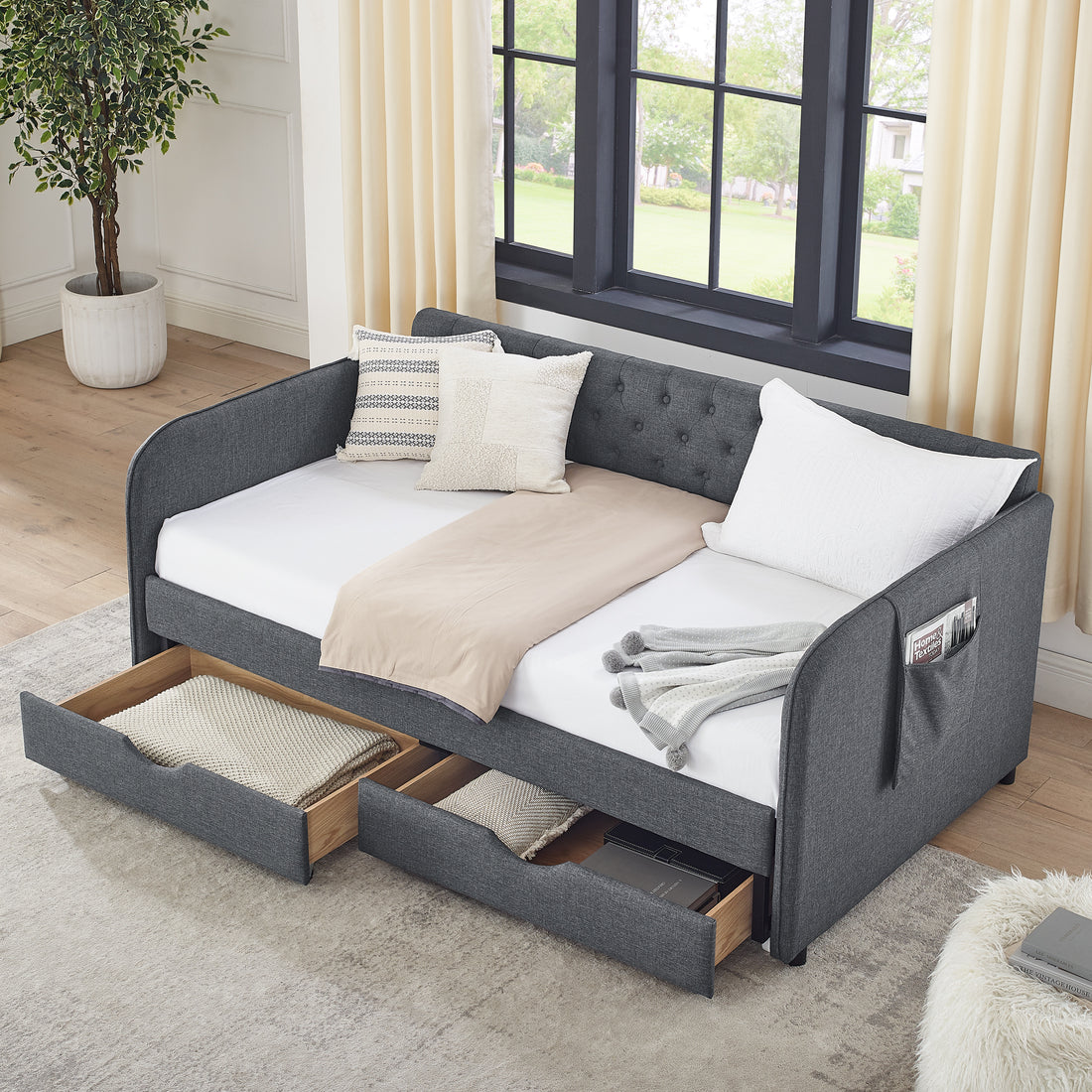 Twin Size Upholstery Daybed With Trundle Bed And Two Storage Drawersflat Arms With Pocket, Extendable Daybed For Bedroom Living Room,Linen Dark Gray Twin Dark Gray Linen
