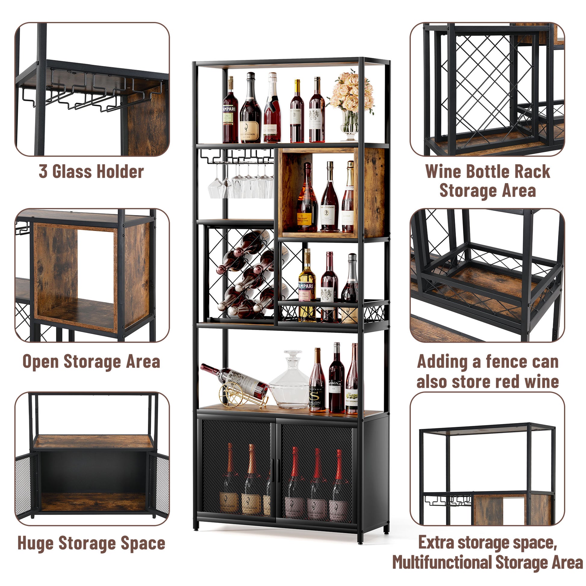 82.7" Industrial Tall Black Bar Wine Rack Cabinet With Glass Holder Wood Home Bar Cabinet Walnut Black Dining Room Industrial Mdf Metal