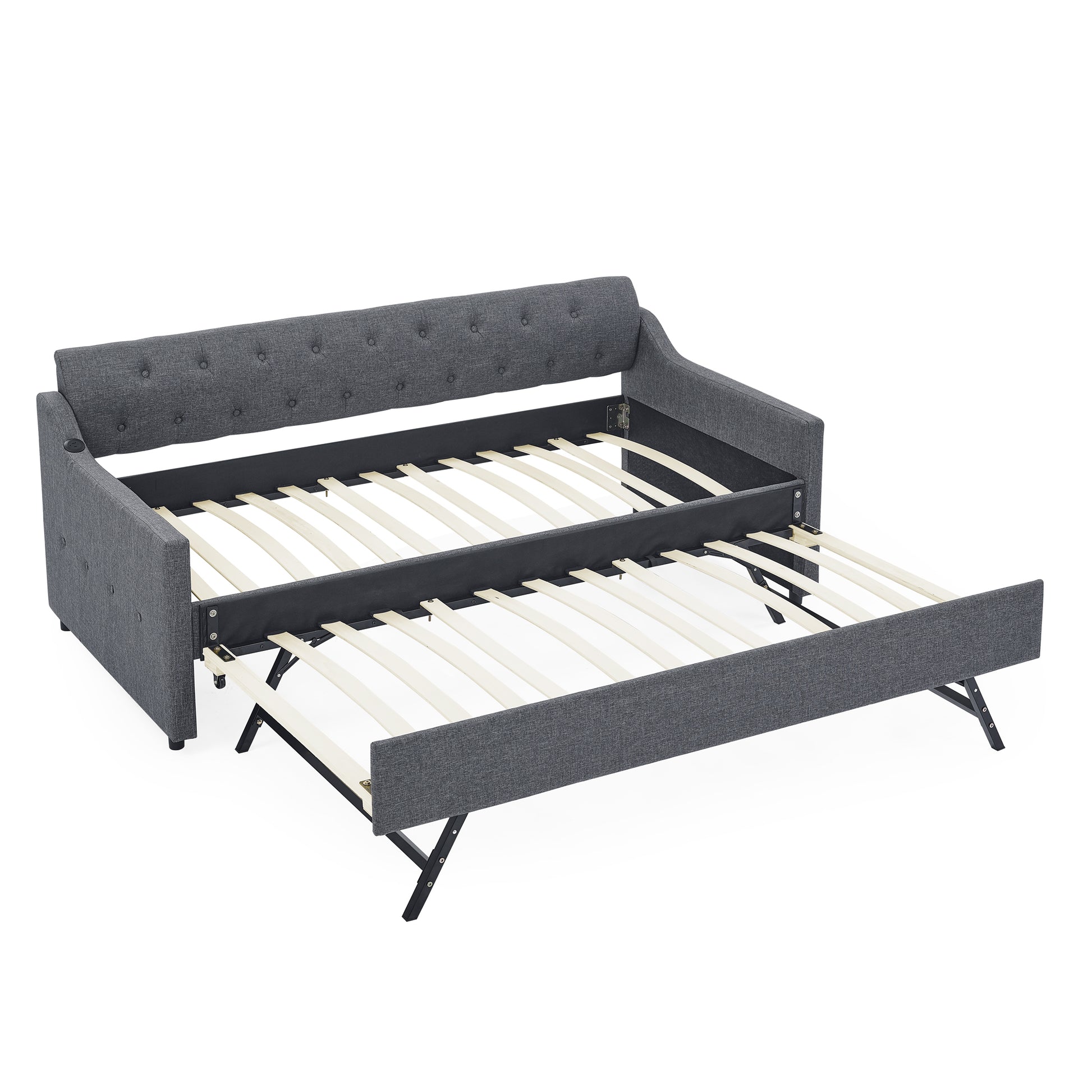 Twin Size Upholstery Daybed With Twin Size Erectable Trundle And Usb Charging Design, Linen Dark Gray Twin Dark Gray Linen