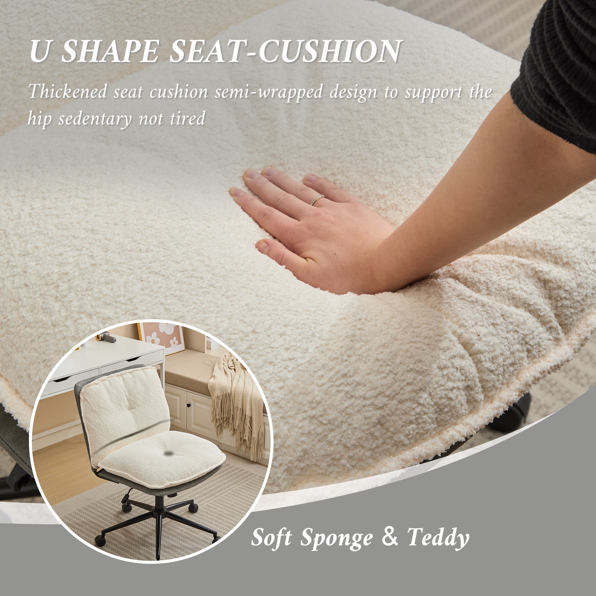 Oversize Seat Cirss Cross Chair With Wheels, Elegant Design Computer Chair, Adjustable Height 360 Rolling Swivel Home Office Chair For Small Space, Dressing Room, Living Room Gray White Dark Gray White Primary Living Space Casual Foam Pu Leather